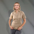 Stirling Short Sleeve Work Shirt in Poly Cotton Twill for Women Transfer - Desert Khaki - Front On Model