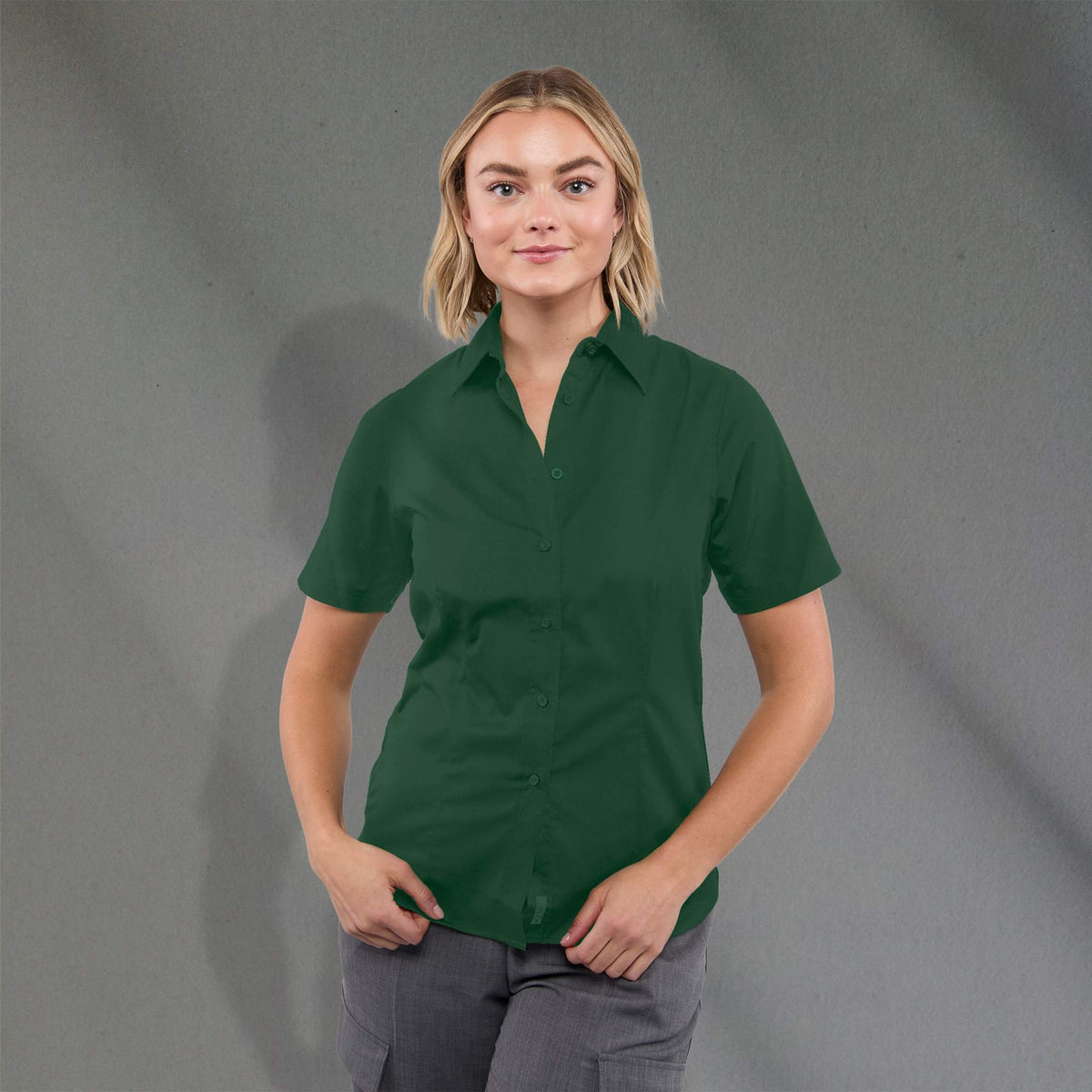 Stirling Short Sleeve Work Shirt in Poly Cotton Twill for Women Transfer - Forest Green - Front On Model