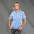Stirling Short Sleeve Work Shirt in Poly Cotton Twill for Women Transfer - Frost Blue - Front On Model