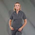 Stirling Short Sleeve Work Shirt in Poly Cotton Twill for Women Transfer - Grey Storm - Front On Model