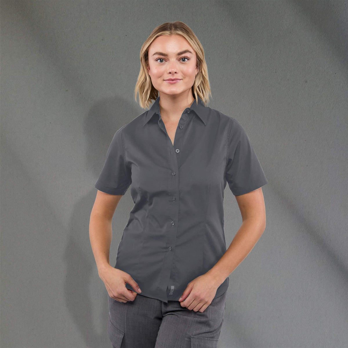 Stirling Short Sleeve Work Shirt in Poly Cotton Twill for Women Transfer - Grey Storm - Front On Model
