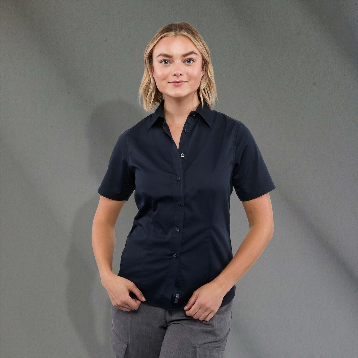 Stirling Short Sleeve Work Shirt in Poly Cotton Twill for Women Transfer - Navy - Front On Model