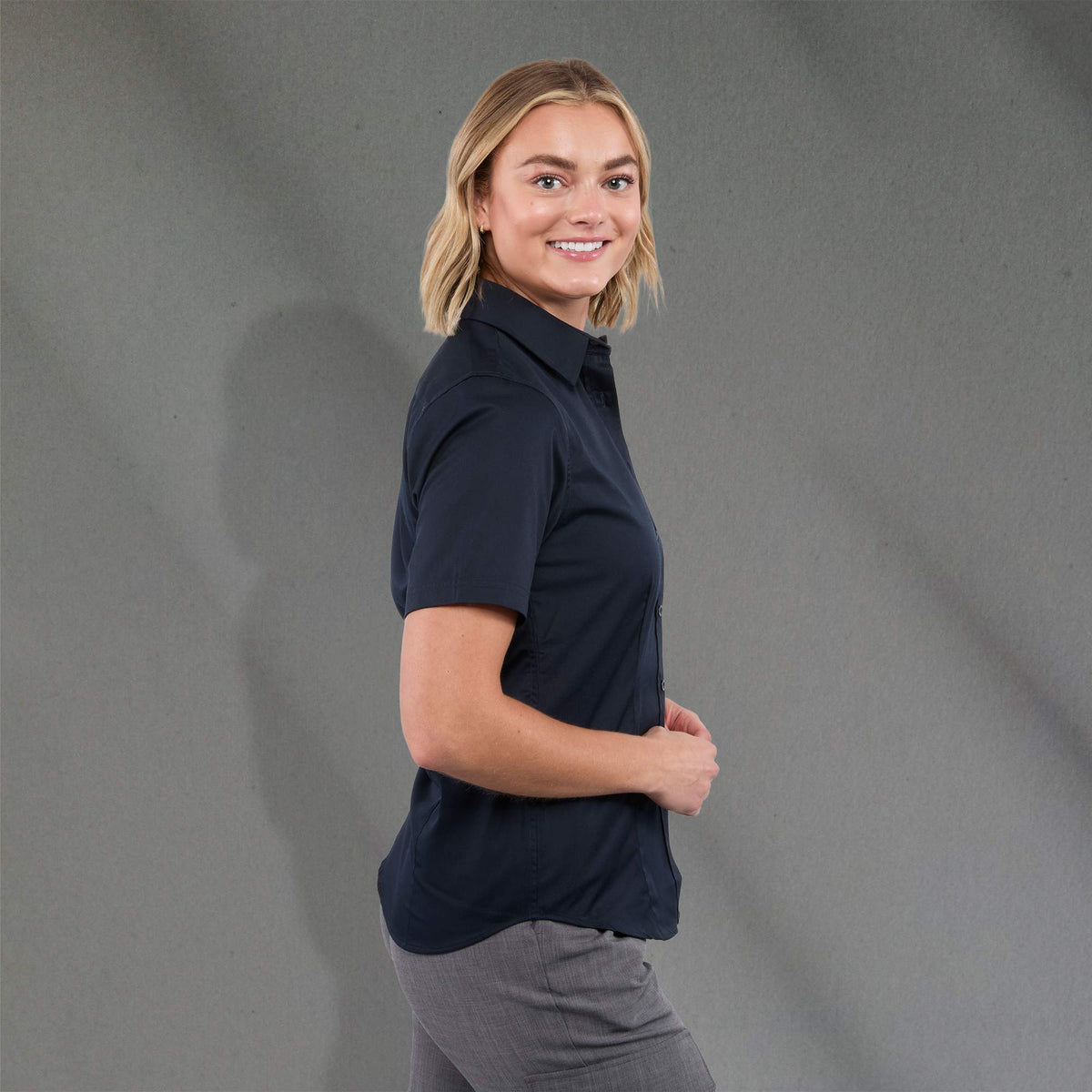 Stirling Short Sleeve Work Shirt in Poly Cotton Twill for Women Transfer - Navy - Right Side On Model