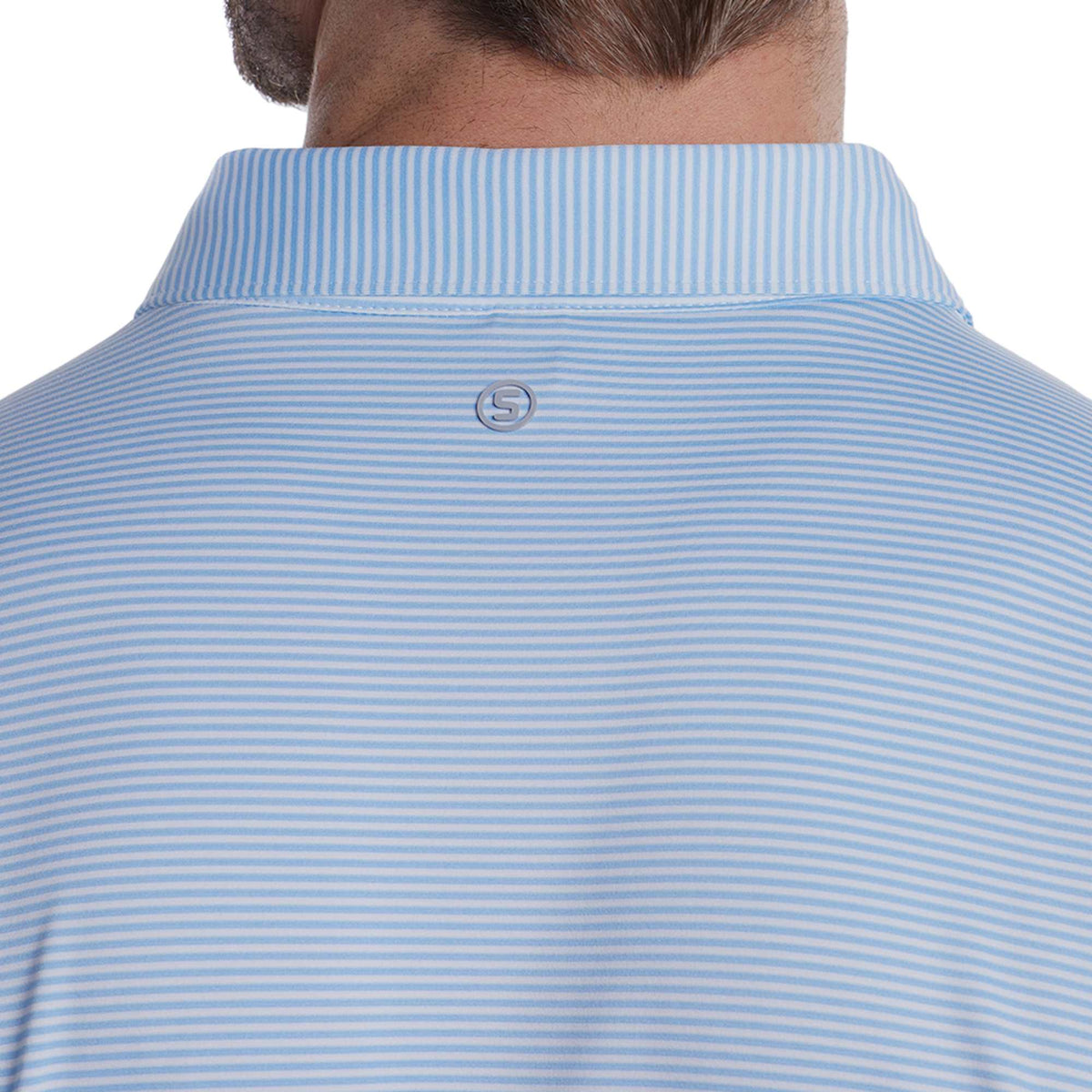 STITCH Atlantic Stripe Jersey Polo for Men Embroidery - Bluebell - Detail On Model