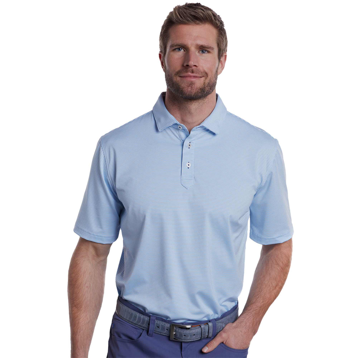 STITCH Atlantic Stripe Jersey Polo for Men Embroidery - Bluebell - Front On Model