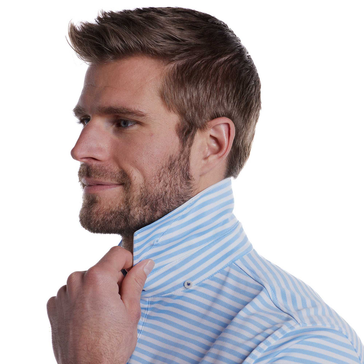 STITCH Club Stripe Pique Polo for Men Embroidery - Bluebell - Detail On Model 2