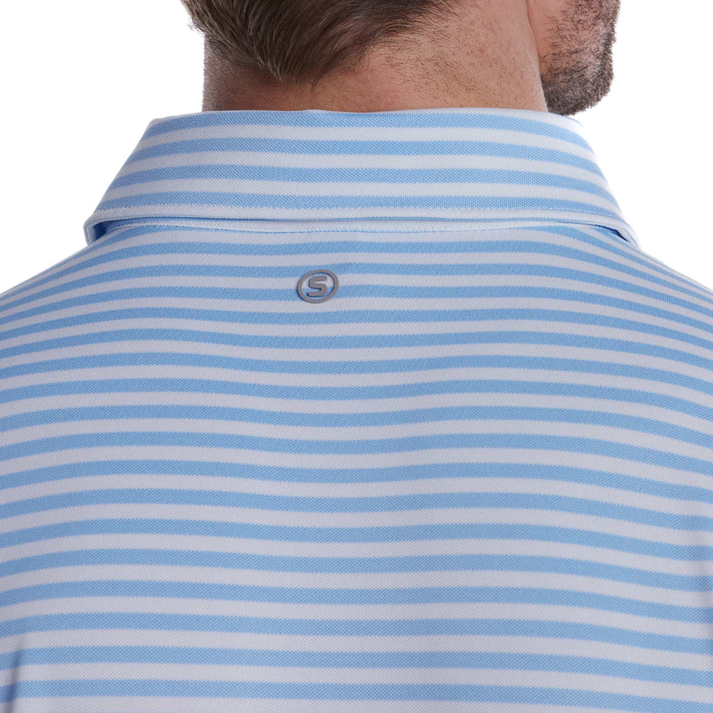 STITCH Club Stripe Pique Polo for Men Embroidery - Bluebell - Detail On Model