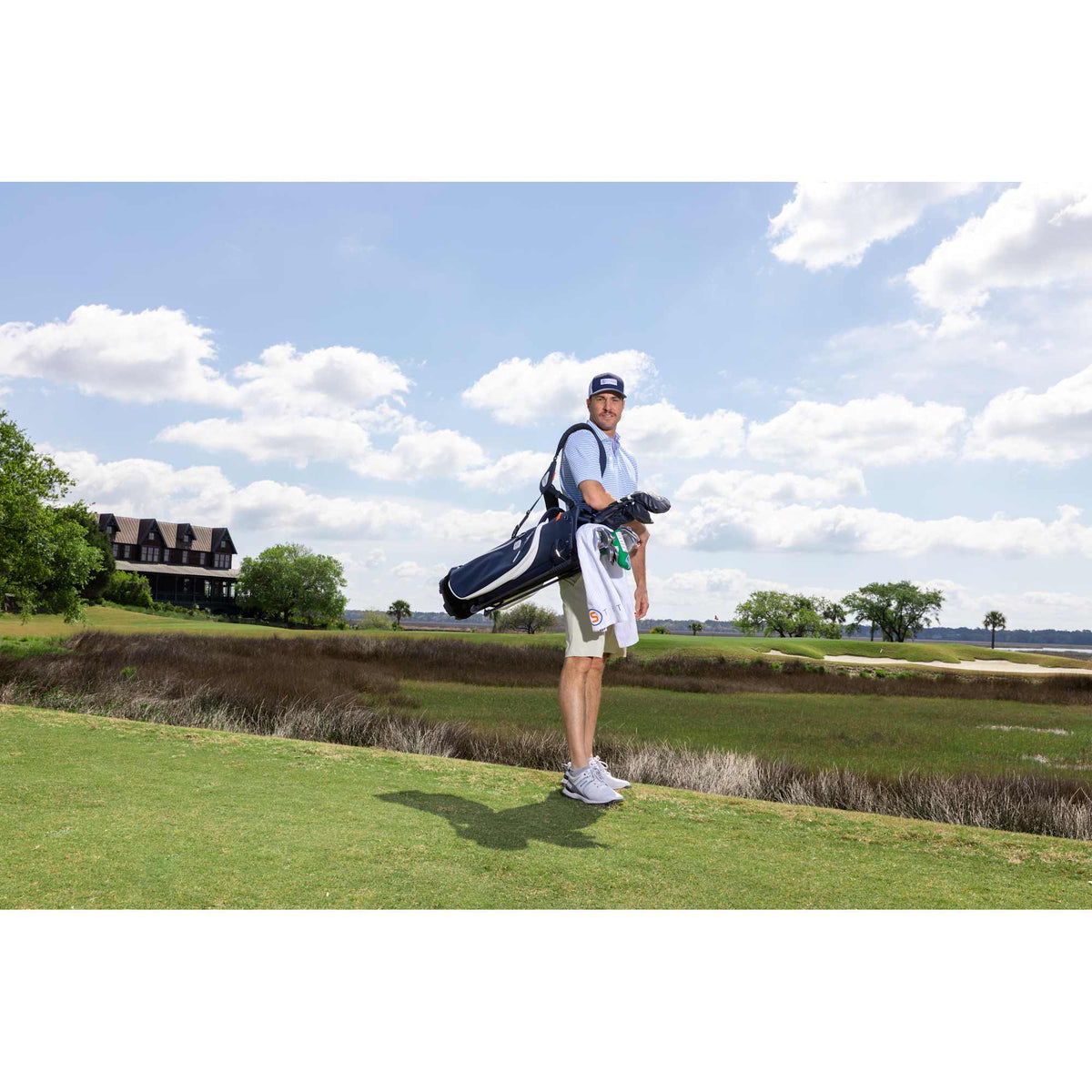 STITCH Club Stripe Pique Polo for Men Embroidery - Bluebell - Front Lifestyle