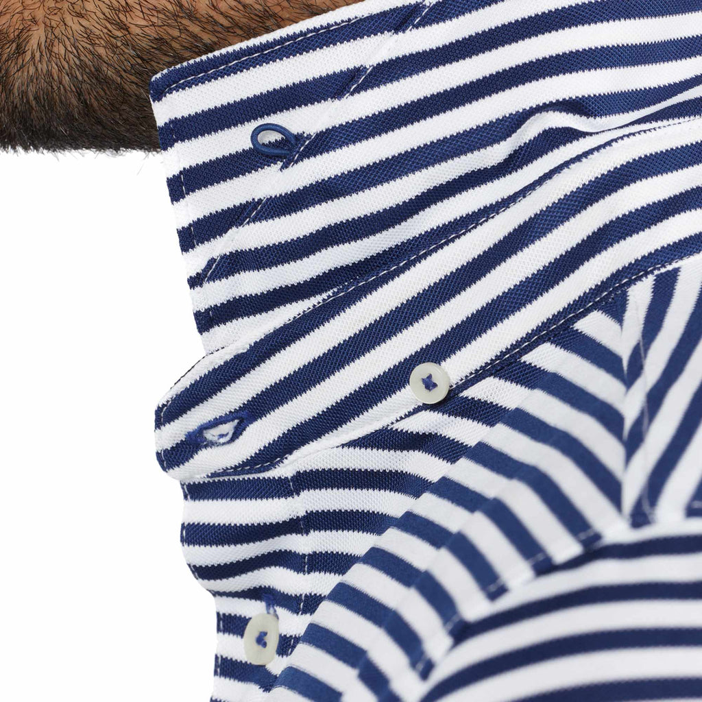 STITCH Club Stripe Pique Polo for Men Embroidery - Stitch Navy - Detail On Model 2