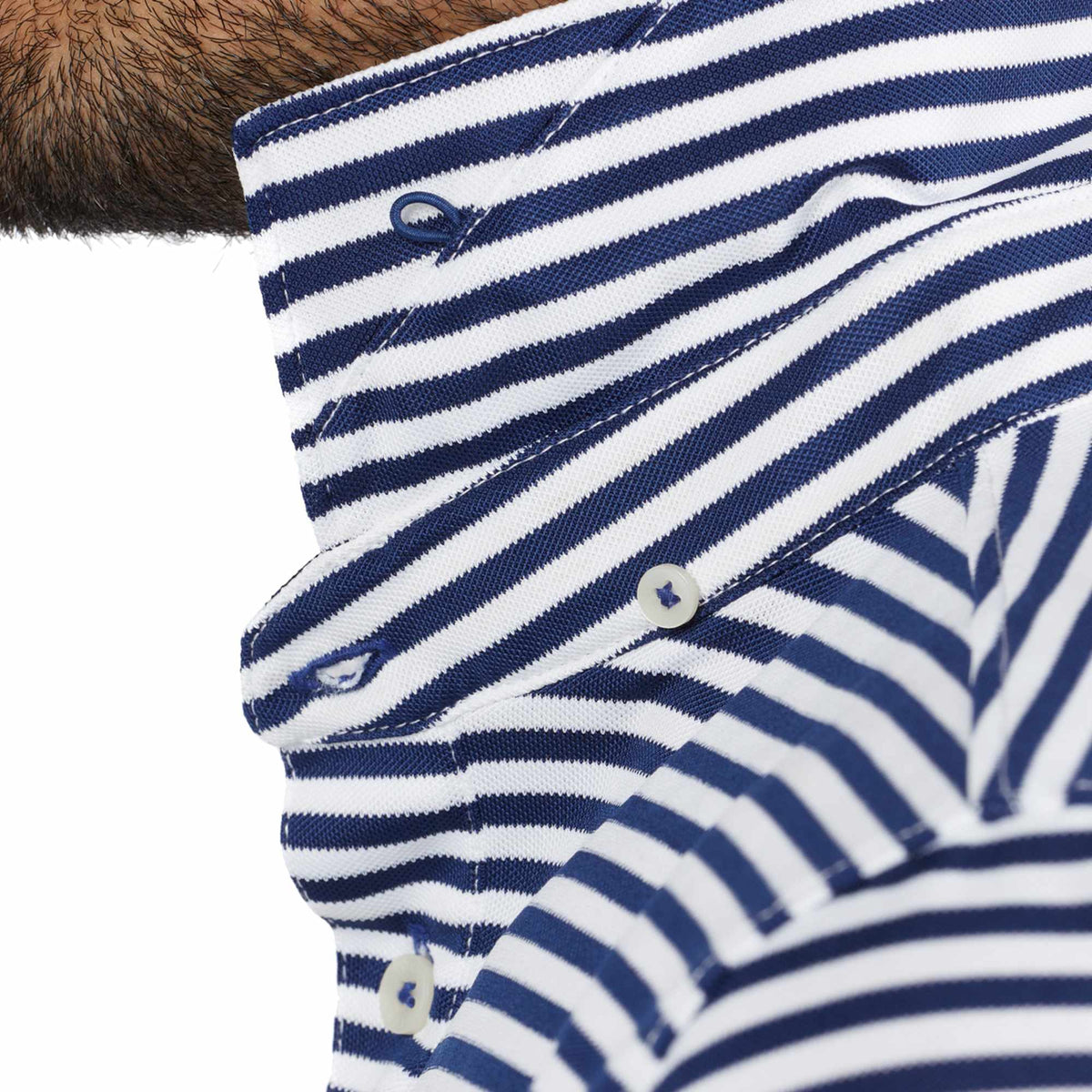 STITCH Club Stripe Pique Polo for Men Embroidery - Stitch Navy - Detail On Model 2