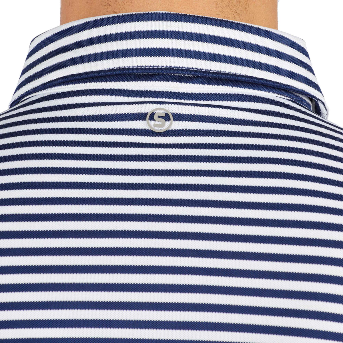 STITCH Club Stripe Pique Polo for Men Embroidery - Stitch Navy - Detail On Model