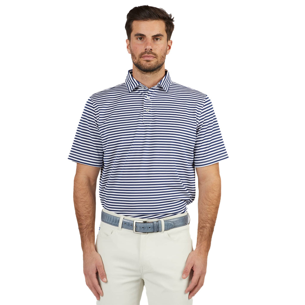 STITCH Club Stripe Pique Polo for Men Embroidery - Stitch Navy - Front On Model 3