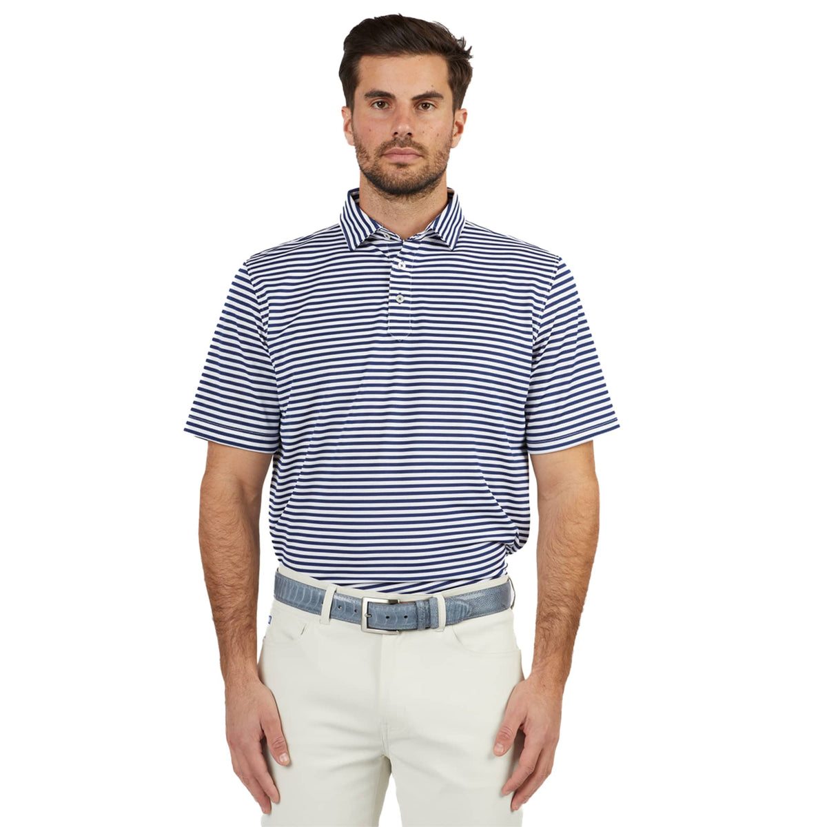 STITCH Club Stripe Pique Polo for Men Embroidery - Stitch Navy - Front On Model 3