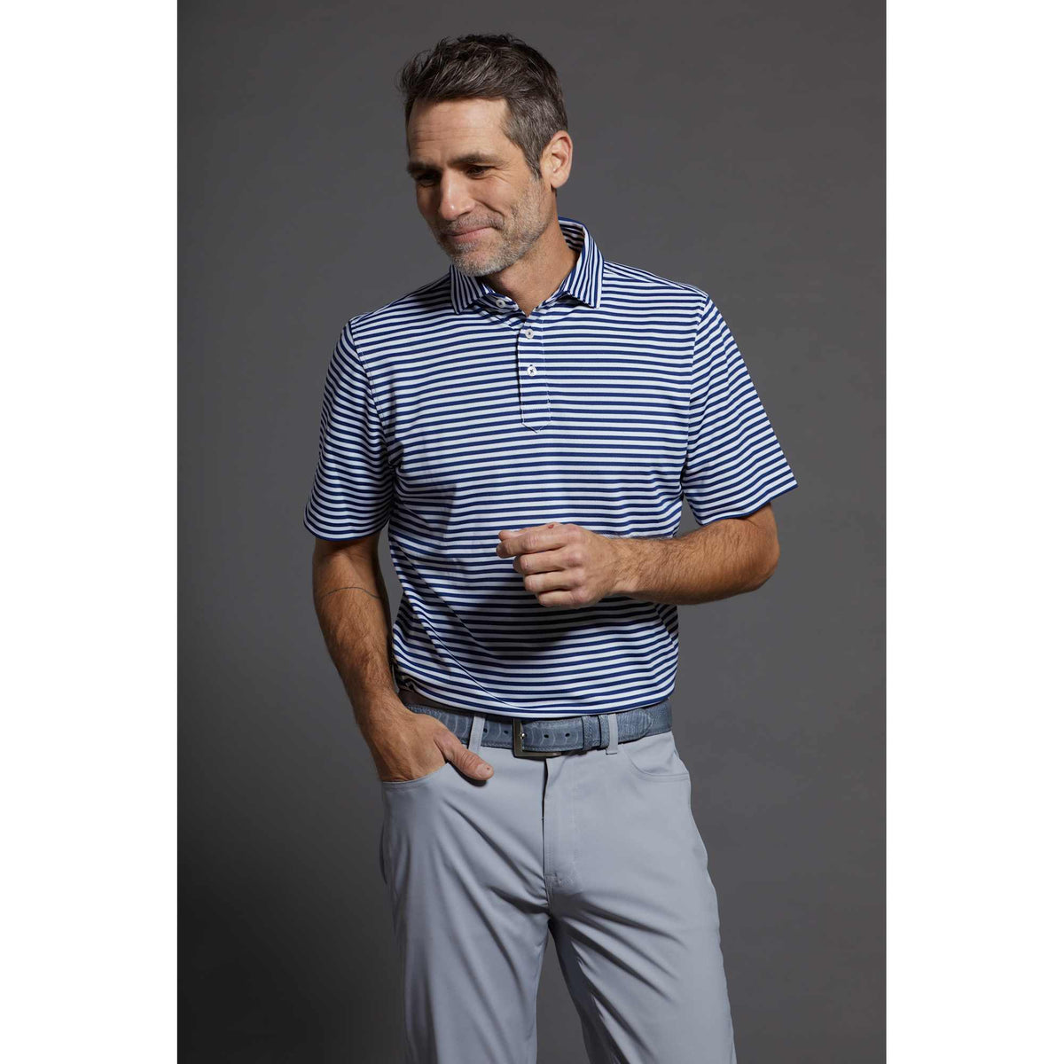 STITCH Club Stripe Pique Polo for Men Embroidery - Stitch Navy - Front On Model