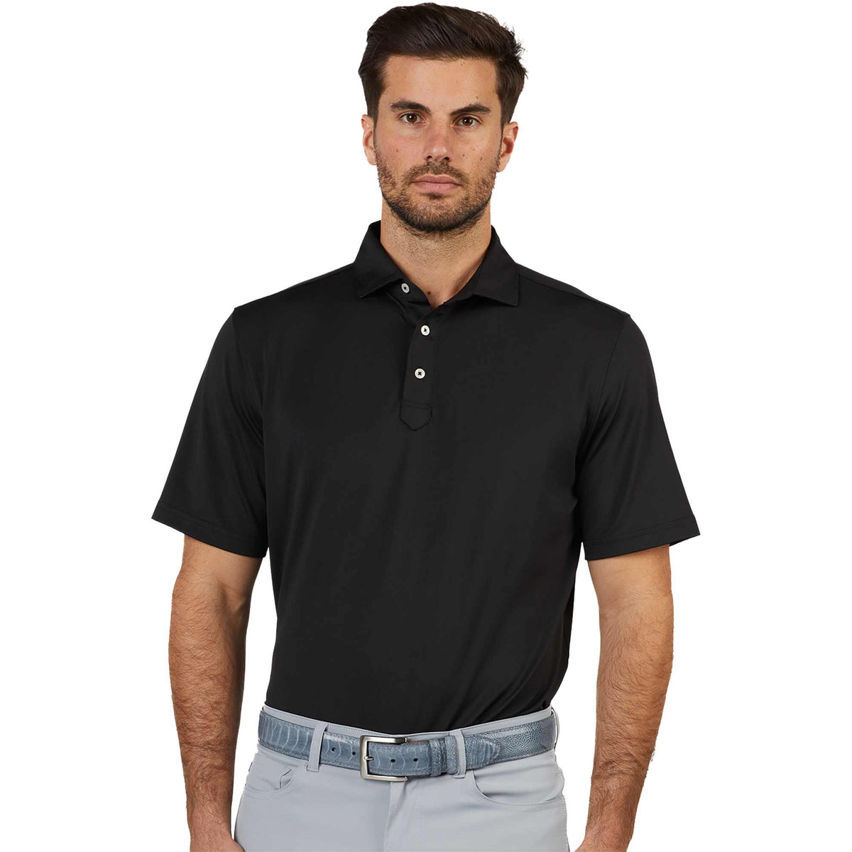 STITCH Solid Pique Golf Polo for Men Transfer - Black - Front On Model