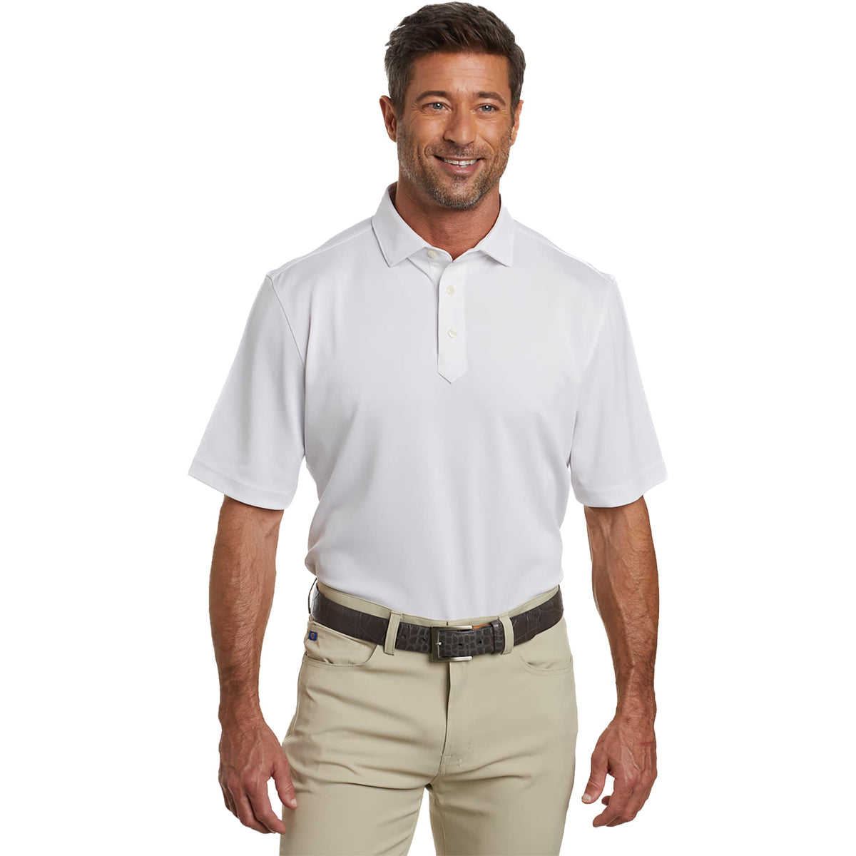 STITCH Solid Pique Golf Polo for Men Transfer - White - Front On Model 4