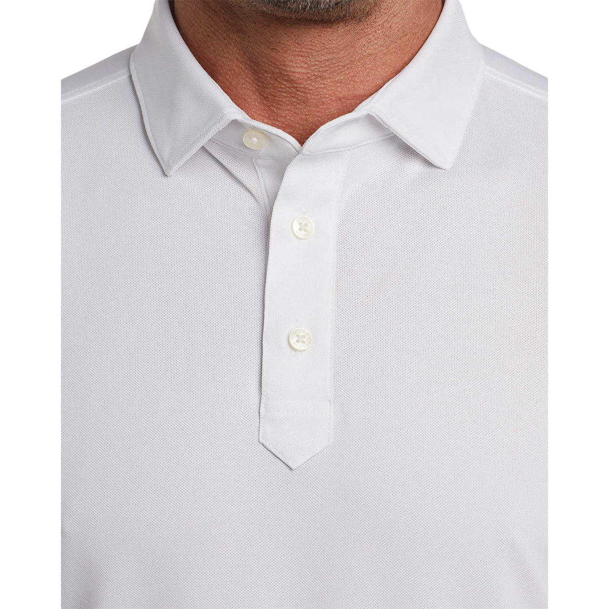 STITCH Solid Pique Golf Polo for Men Transfer - White - Front On Model