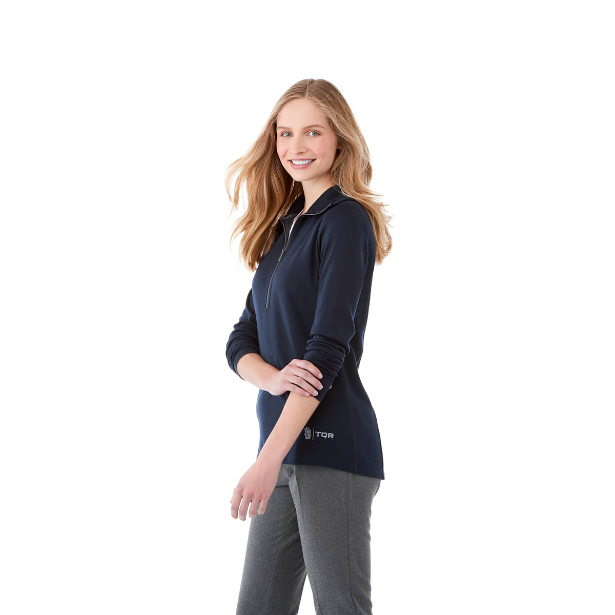 Stratton Wool Blend Half Zip for Women Embroidery - Navy Heather - Flat