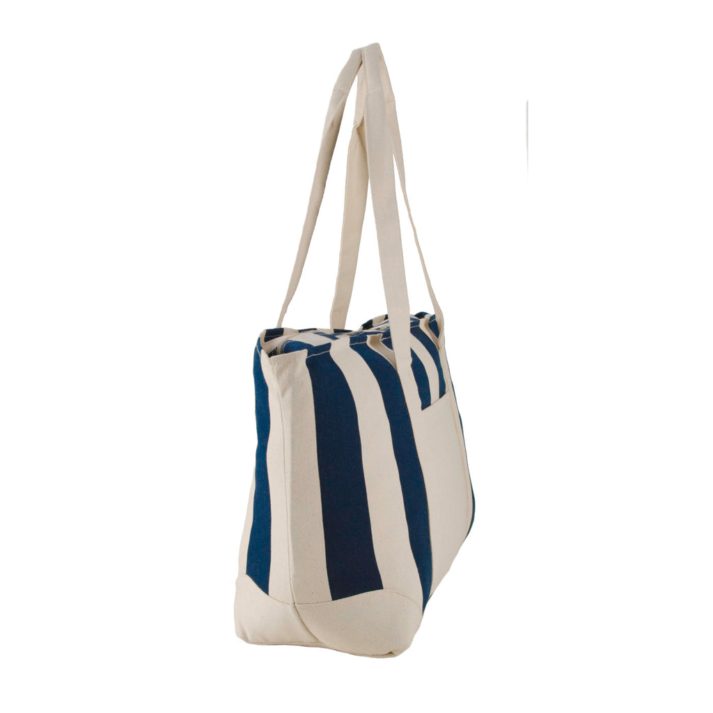 Striped Cotton Canvas Tote with Zip Top, Large - Navy Blue - View 5