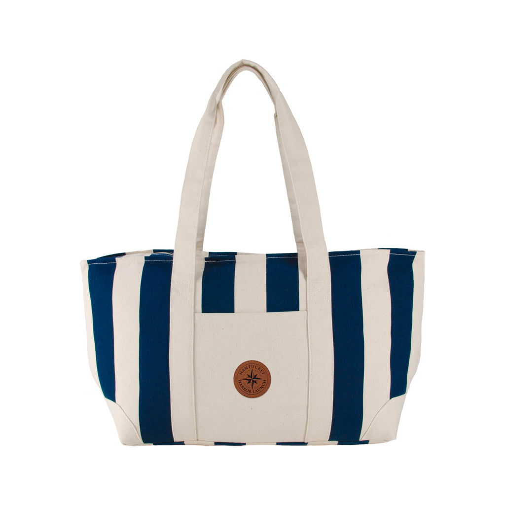 Striped Cotton Canvas Tote with Zip Top, Large Transfer - Navy Blue - View 2