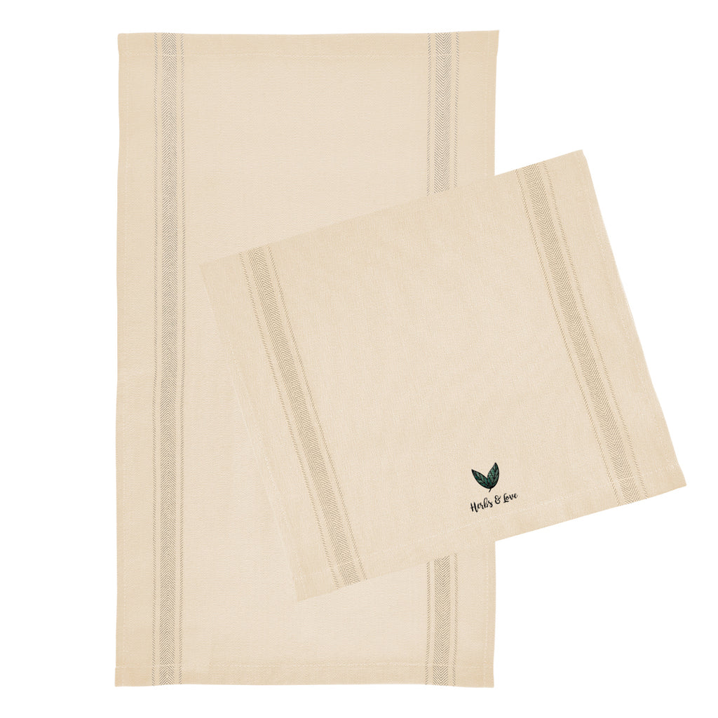 Striped Tea Towel in Cotton Embroidery - Natural with Beige - Embroidery