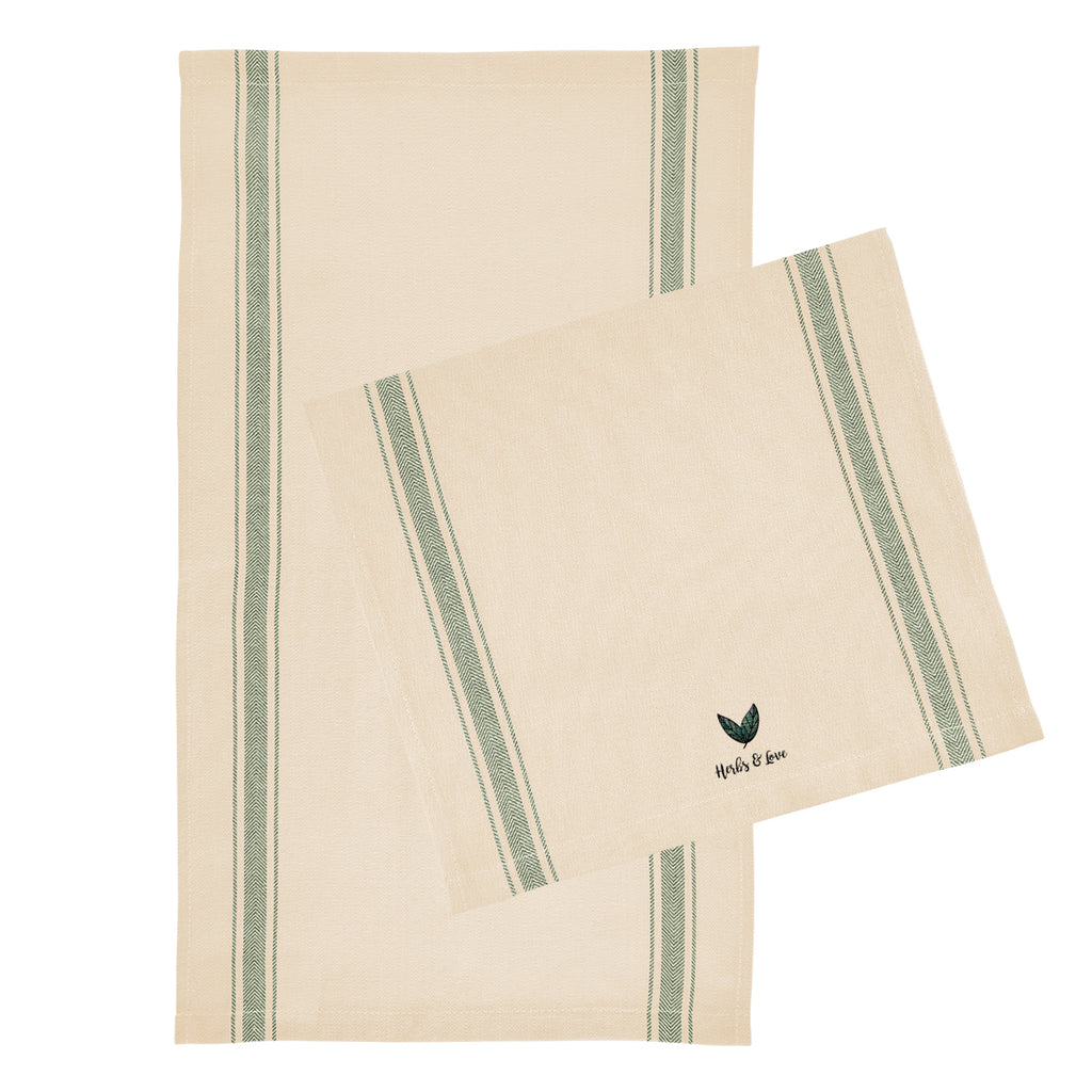 Striped Tea Towel in Cotton Embroidery - Olive - Embroidery