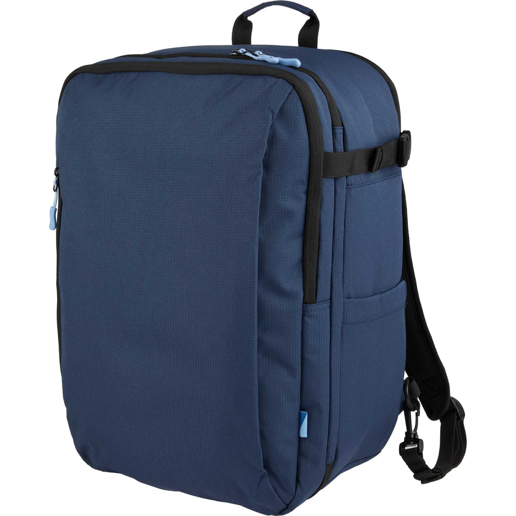 Suitcase-Style Travel Backpack in Recycled PET Embroidery - Navy - Left Angle