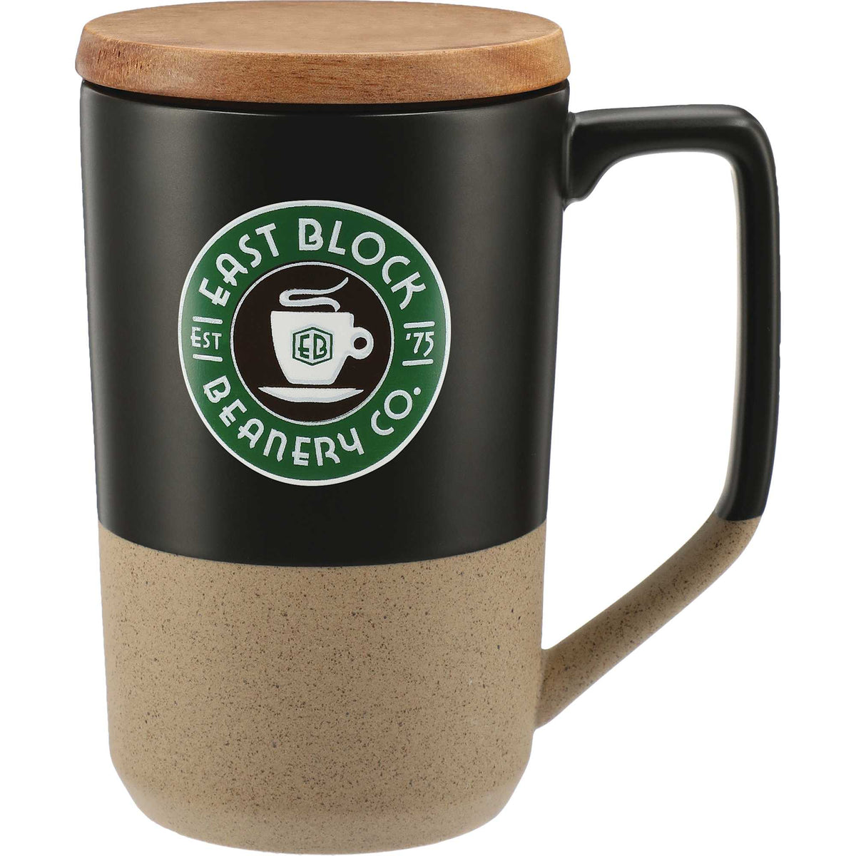 Tahoe Tea and Coffee Mug with Wood Lid, 16 oz - Black - Front 3