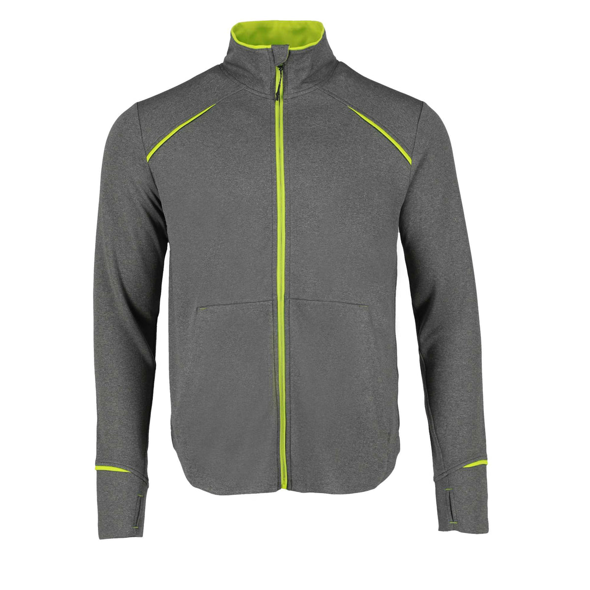 Tamarack Performance Full Zip Jacket with Thumb Holes for Men Debossing - Hi-Liter Green/Heather Charcoal - Front Flat