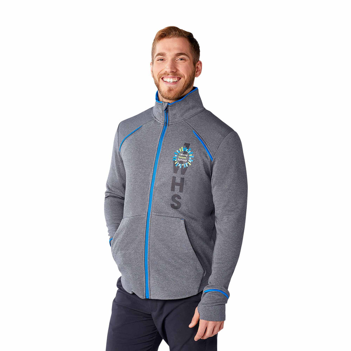 Tamarack Performance Full Zip Jacket with Thumb Holes for Men Embroidery - Olympic Blue/Heather Charcoal - Flat
