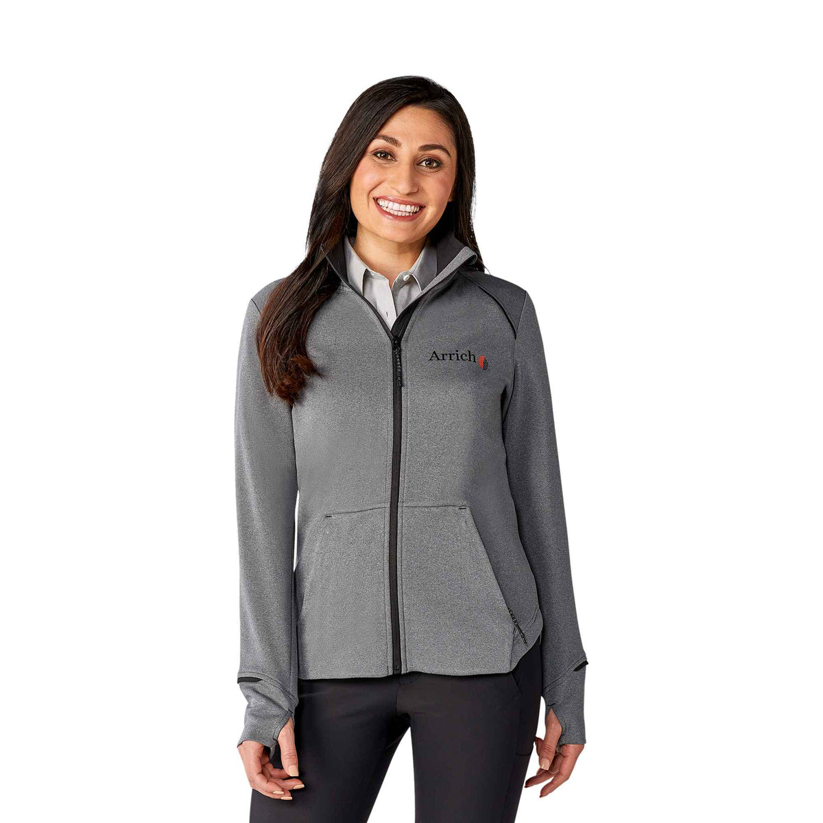 Tamarack Performance Full Zip Jacket with Thumb Holes for Women Laser Engraving - Black/Heather Charcoal - Front Flat