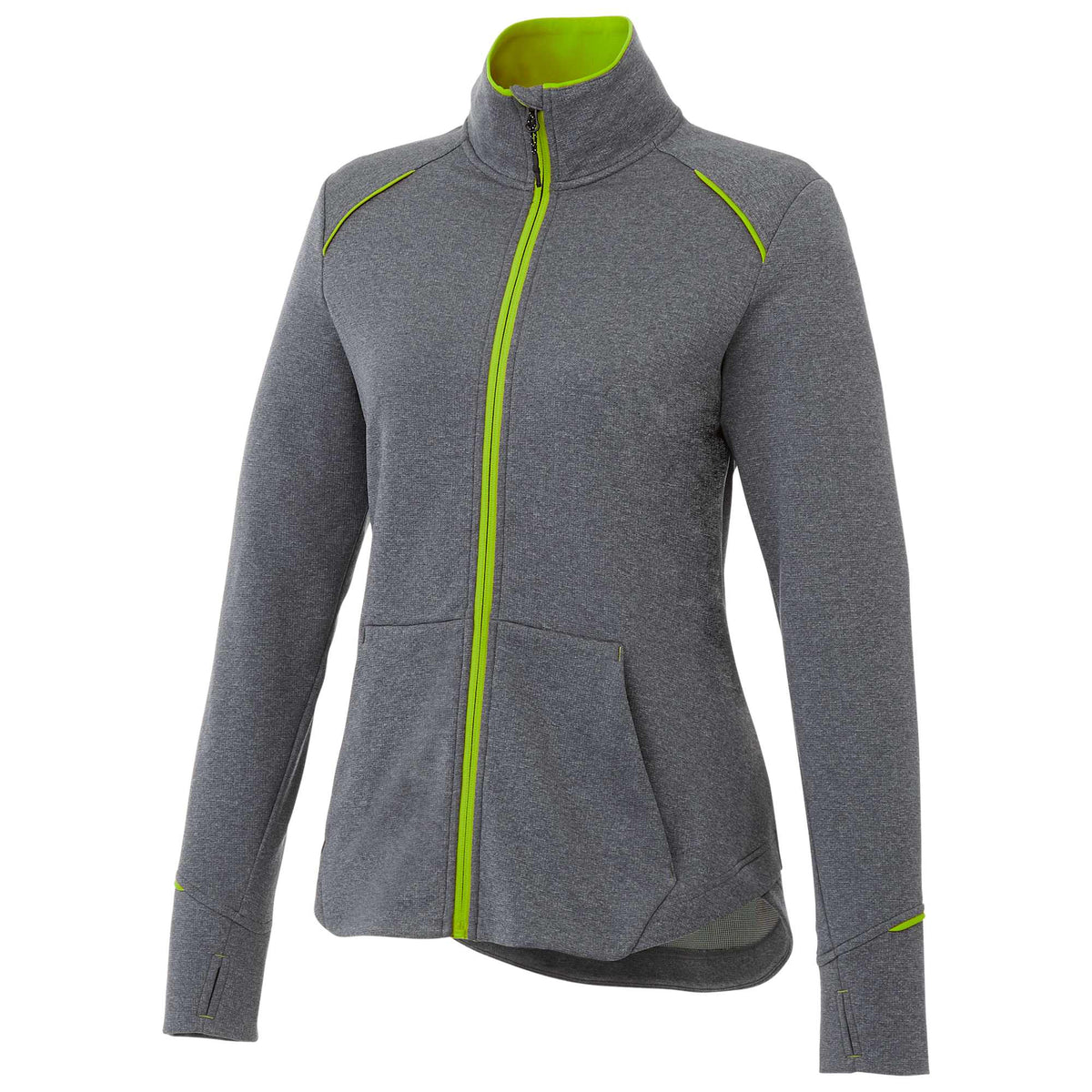 Tamarack Performance Full Zip Jacket with Thumb Holes for Women Laser Engraving - Hi-Liter Green/Heather Charcoal - Front Flat