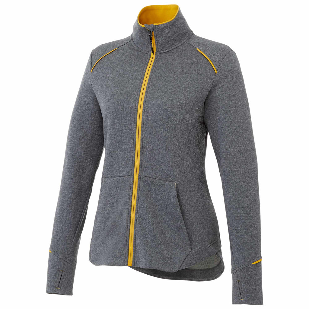 Tamarack Performance Full Zip Jacket with Thumb Holes for Women Laser Engraving - Yellow/Heather Charcoal - Front Flat