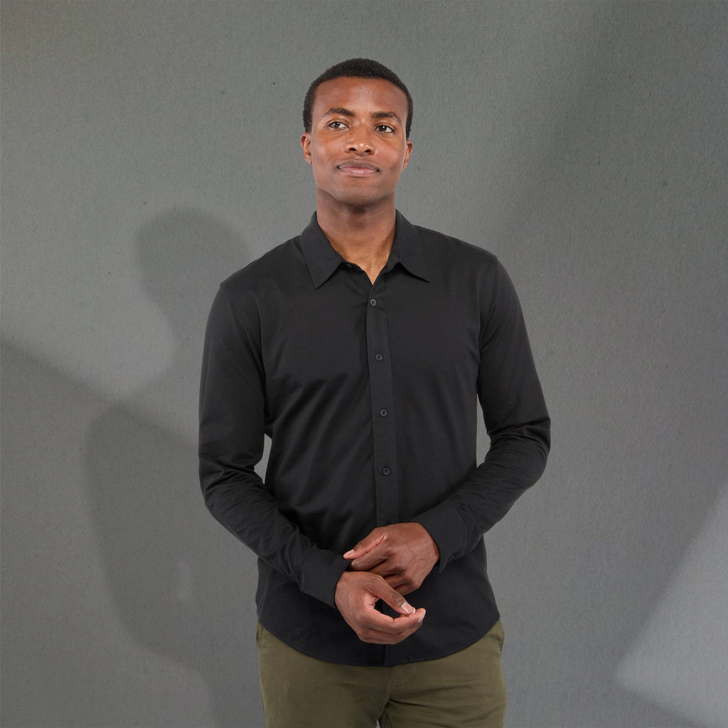 Tatra Long Sleeve Knit Dress Shirt with Recycled Polyester for Men Transfer - Black - Front On Model