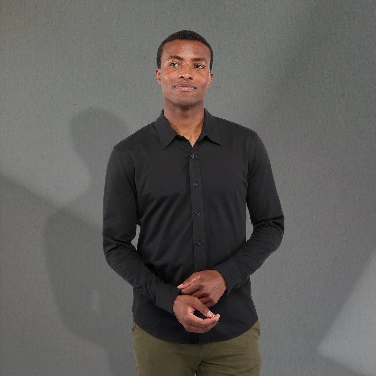 Tatra Long Sleeve Knit Dress Shirt with Recycled Polyester for Men Transfer - Black - Front On Model