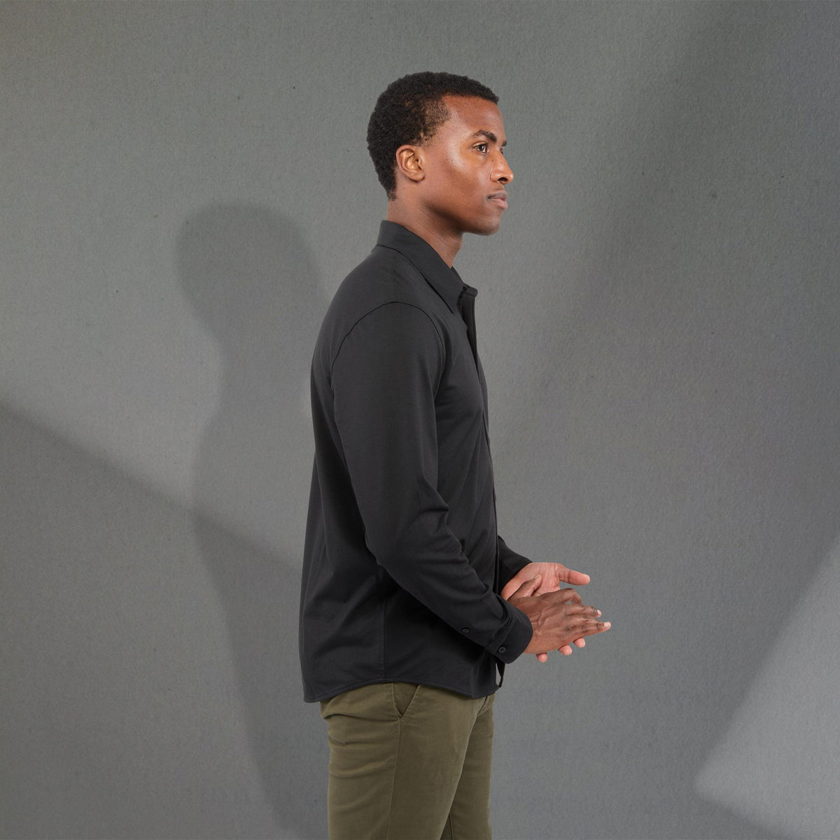 Tatra Long Sleeve Knit Dress Shirt with Recycled Polyester for Men Transfer - Black - Right Side On Model