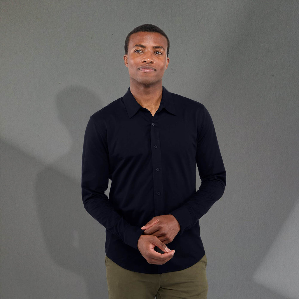 Tatra Long Sleeve Knit Dress Shirt with Recycled Polyester for Men Transfer - Navy - Front On Model