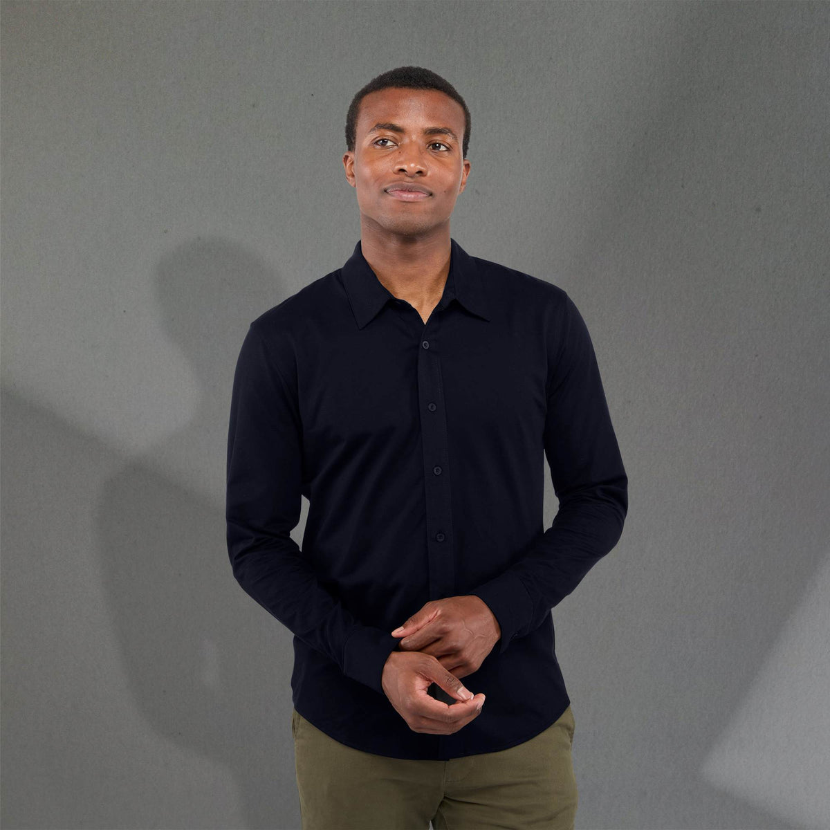 Tatra Long Sleeve Knit Dress Shirt with Recycled Polyester for Men Transfer - Navy - Front On Model