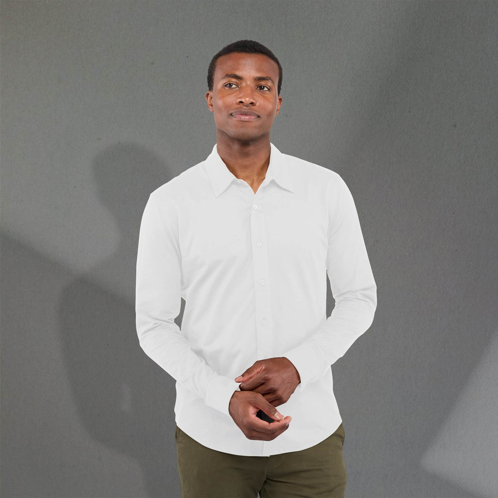 Tatra Long Sleeve Knit Dress Shirt with Recycled Polyester for Men Transfer - White - Front On Model
