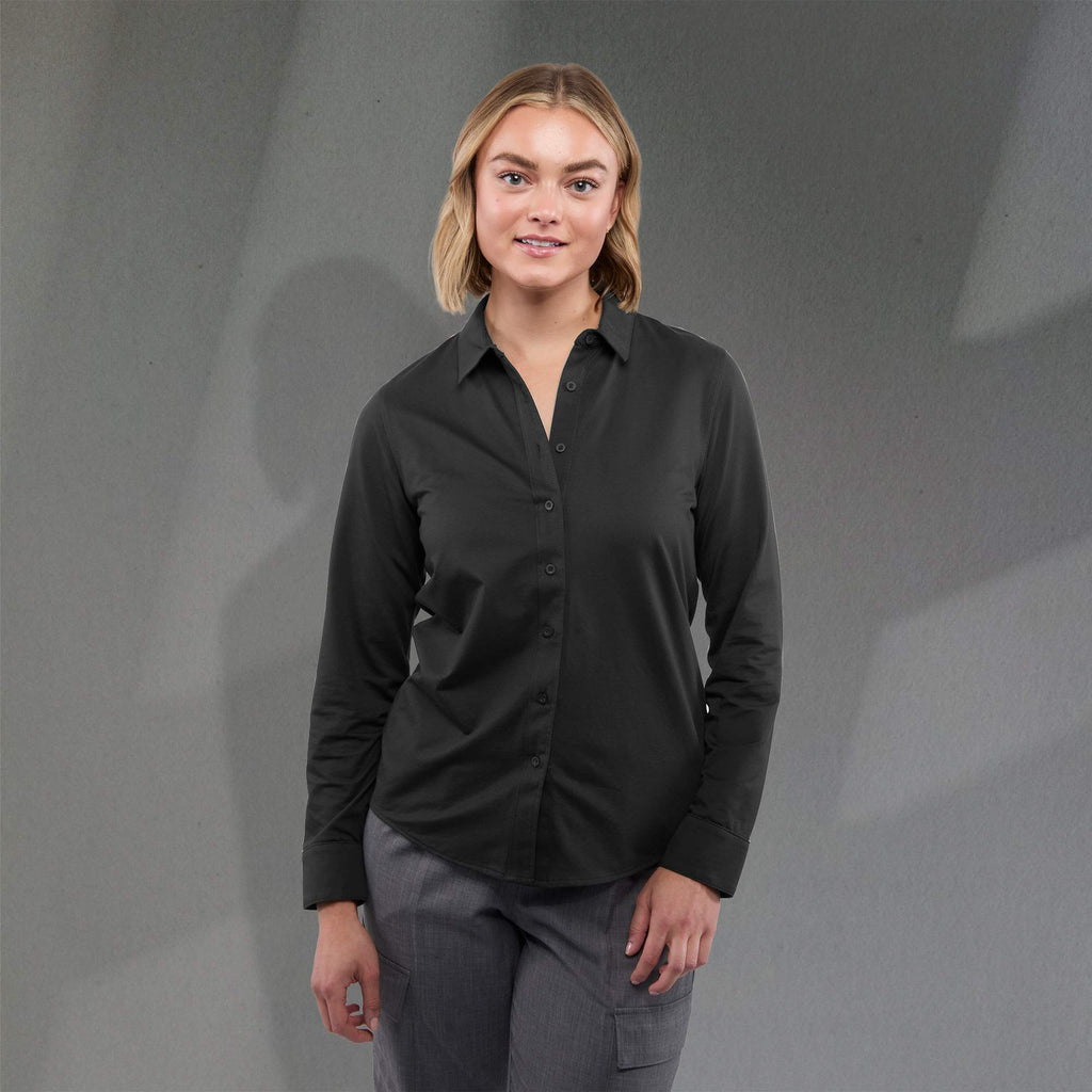 Tatra Long Sleeve Knit Dress Shirt with Recycled Polyester for Women Transfer - Black - Front On Model