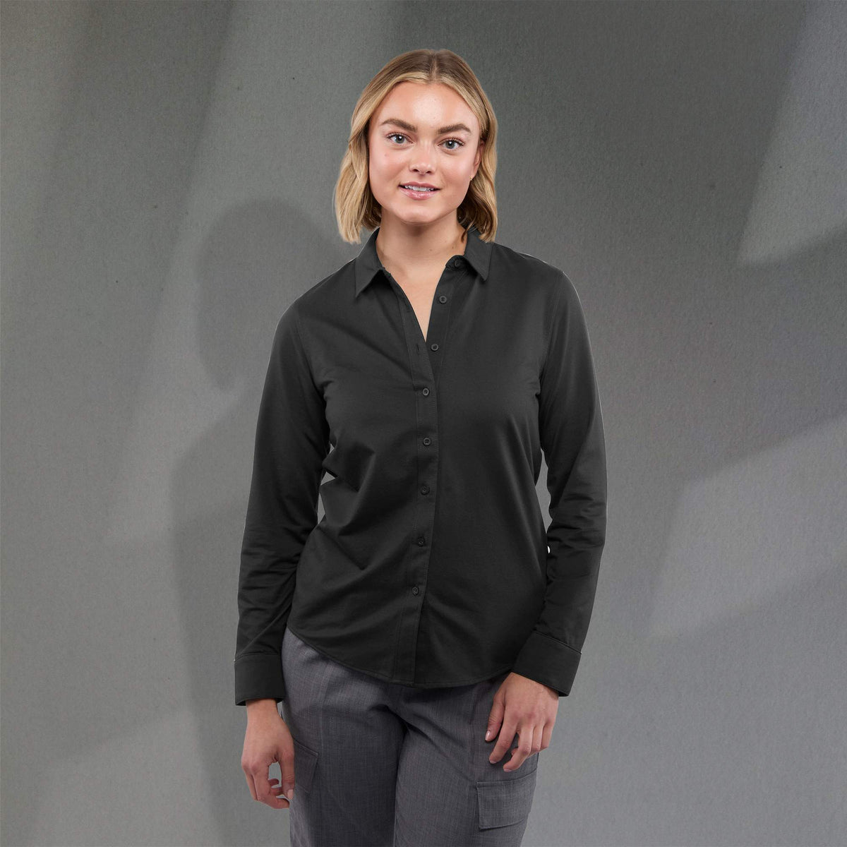 Tatra Long Sleeve Knit Dress Shirt with Recycled Polyester for Women Transfer - Black - Front On Model