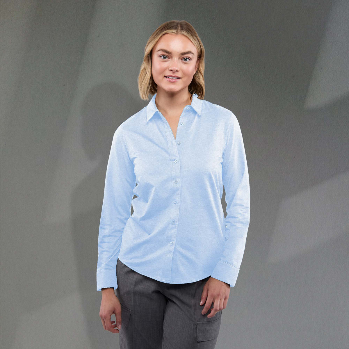 Tatra Long Sleeve Knit Dress Shirt with Recycled Polyester for Women Transfer - Frost Blue - Front On Model