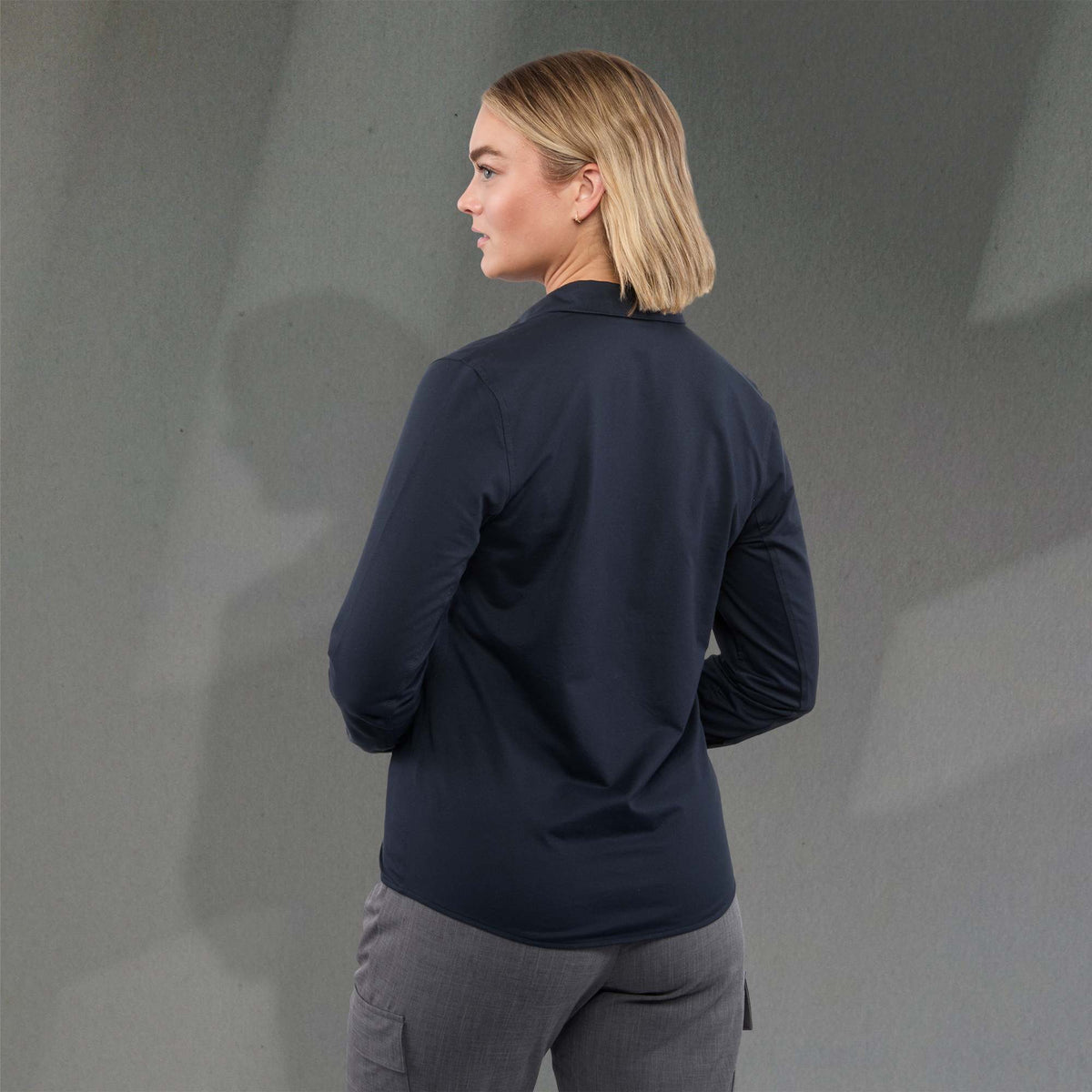 Tatra Long Sleeve Knit Dress Shirt with Recycled Polyester for Women Transfer - Navy - Back On Model