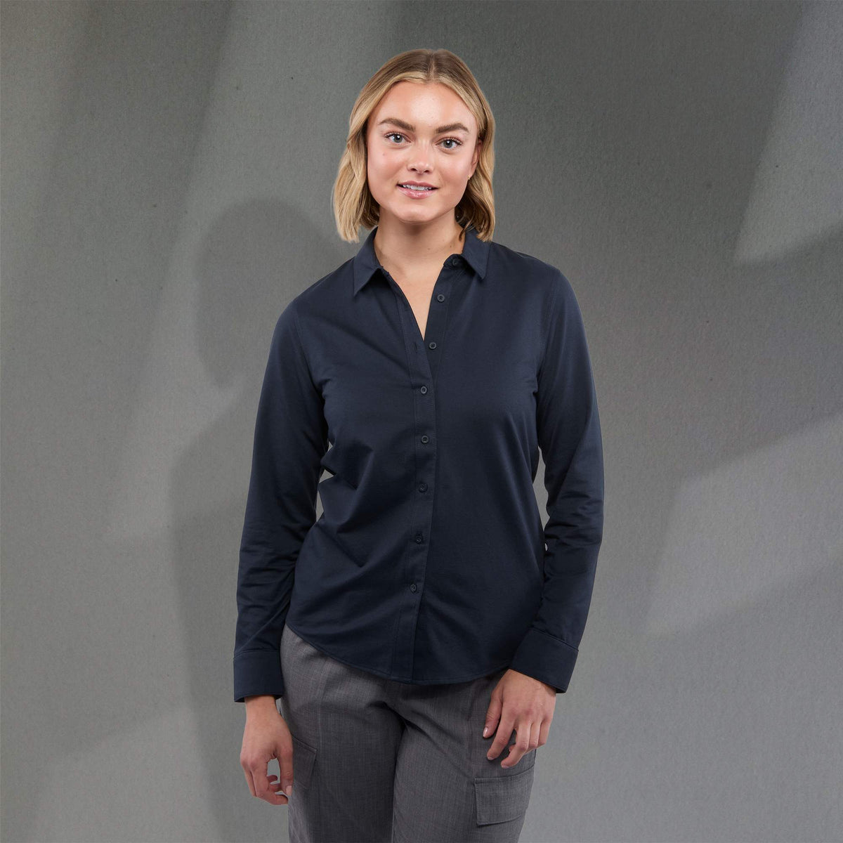 Tatra Long Sleeve Knit Dress Shirt with Recycled Polyester for Women Transfer - Navy - Front On Model