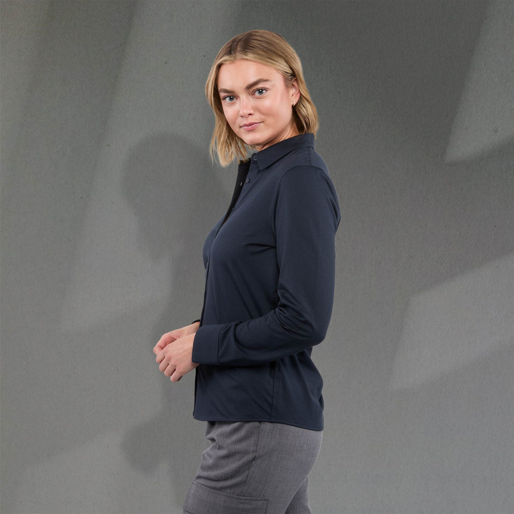 Tatra Long Sleeve Knit Dress Shirt with Recycled Polyester for Women Transfer - Navy - Left Side On Model