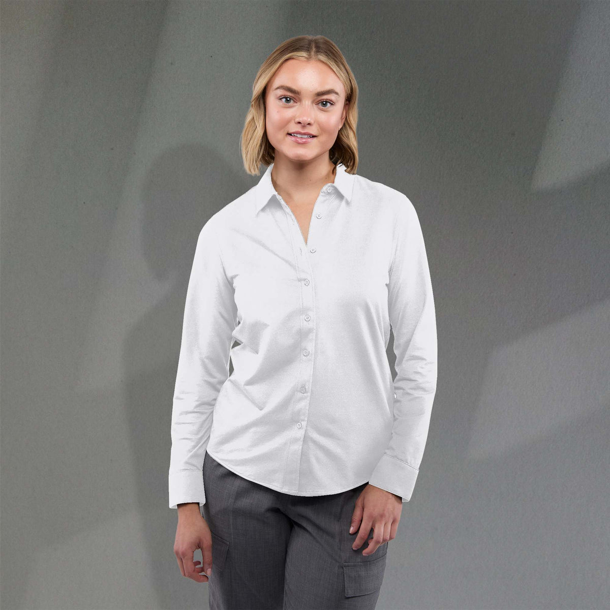 Tatra Long Sleeve Knit Dress Shirt with Recycled Polyester for Women Transfer - White - Front On Model