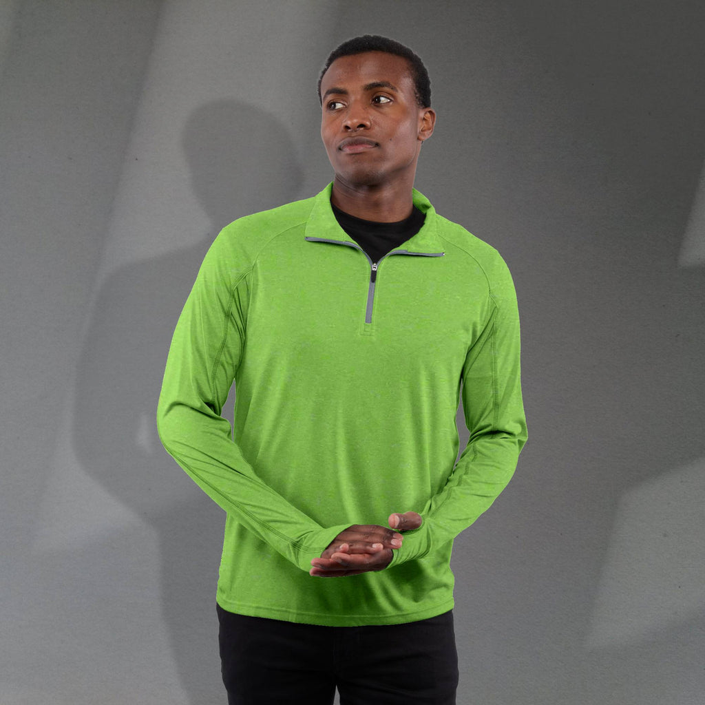 Taza Knit Quarter Zip with Thumb Holes for Men Transfer - Apple Heather - Front On Model