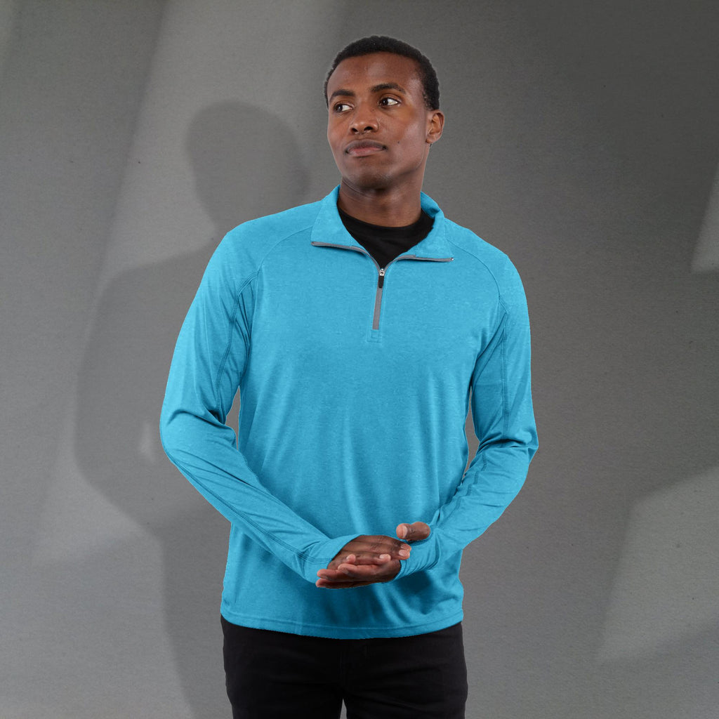 Taza Knit Quarter Zip with Thumb Holes for Men Transfer - Aspen Heather - Front On Model