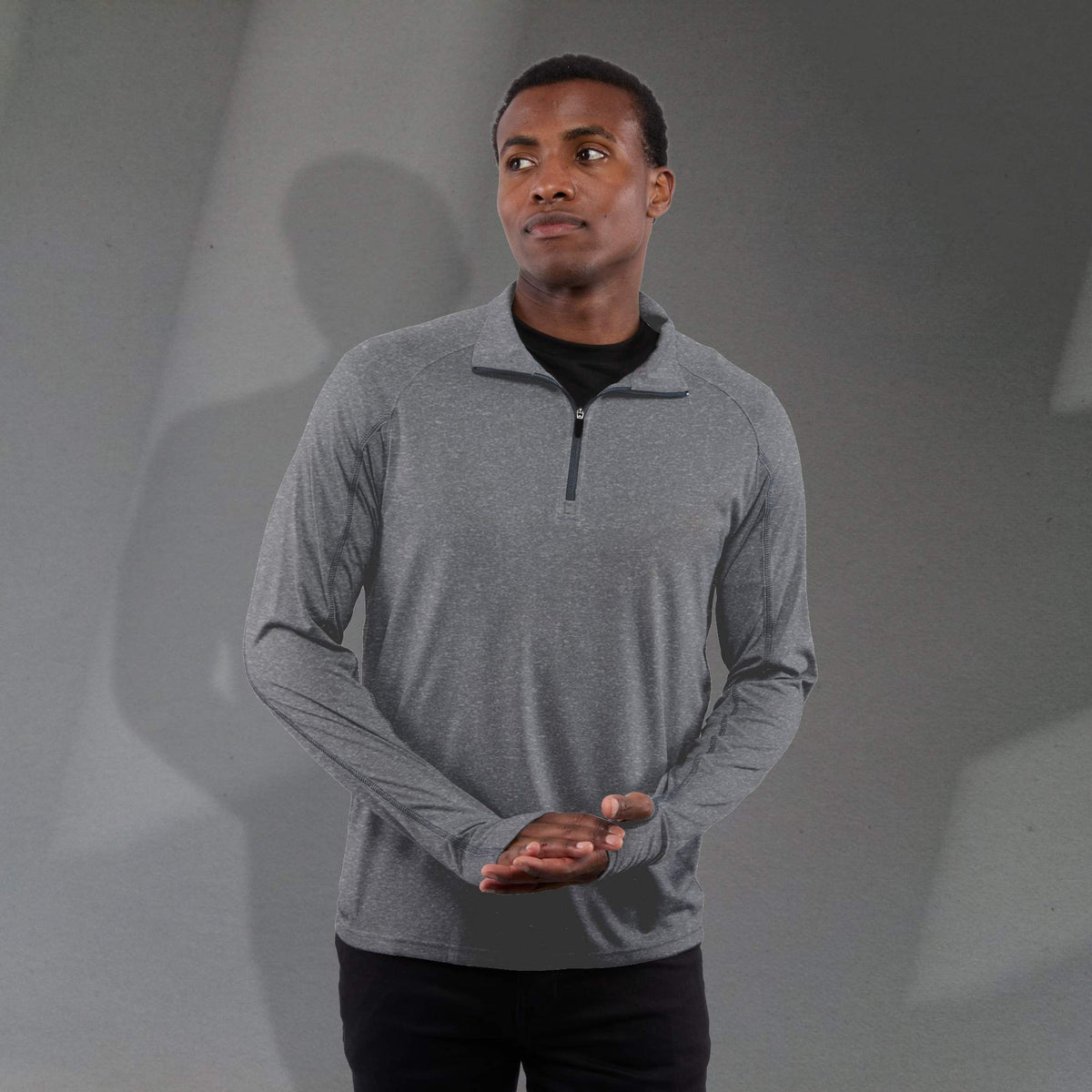 Taza Knit Quarter Zip with Thumb Holes for Men Transfer - Heather Dark Charcoal - Front On Model