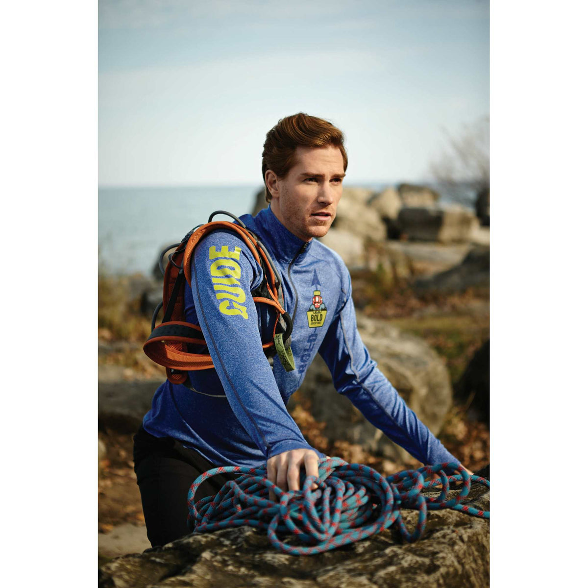 Taza Knit Quarter Zip with Thumb Holes for Men Transfer - New Royal Heather - Front Lifestyle